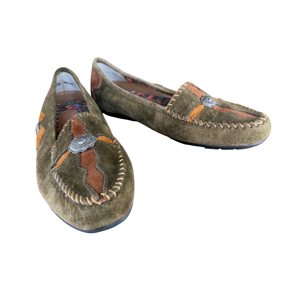 Hush Puppies Womens Olive Suede Leather Southwestern Concho Moccasin Flats 8M